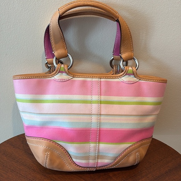 Coach Hampton striped mini bag  Vintage canvas pink green/2 color leather handle - Picture 6 of 15